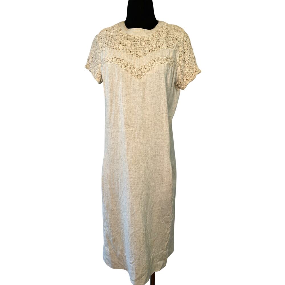 Vintage 1960s Mr. Jack Dallas Cream Crochet Shift Dress - Plus Size Linen Blend